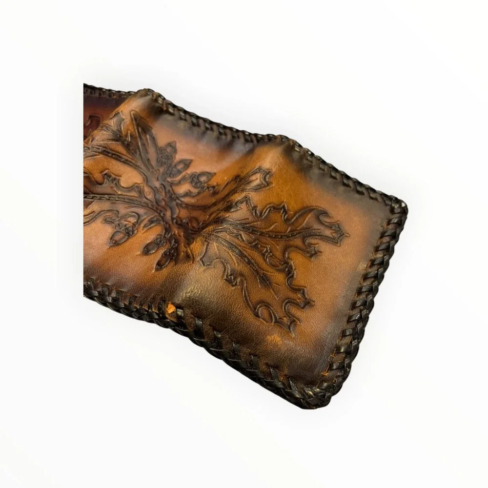 Vintage Hand Tooled Leather Trifold Wallet Oak Leaf Acorn Whipstitch Brown